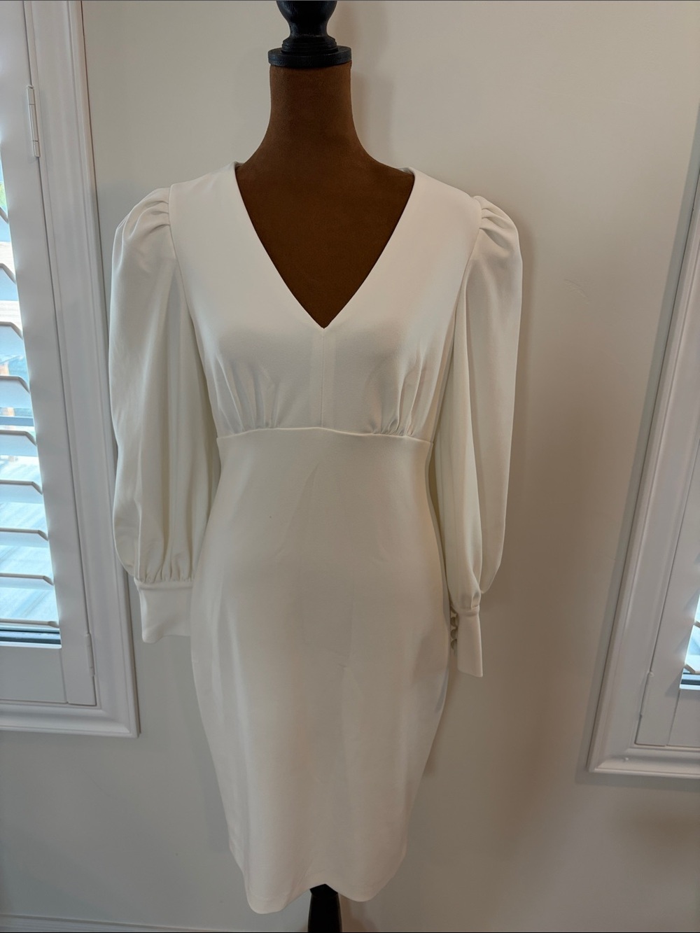 Calvin Klein Ivory V-Neck Puff-Sleeve Midi Dress